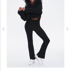 Forever 21 Ribbed black crop hoodie top with matching flare pants